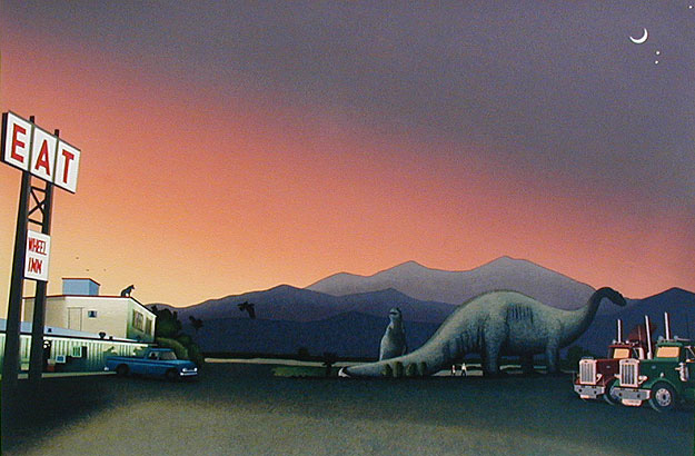 Cabazon, silkscreen print by Jonathan Owen. A Californian truck stop with dinosaurs, crows and a dog. Sunset.